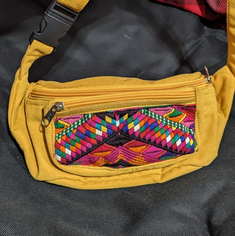 Retro Fanny Pack| Banana Bag | Native Style Embroidery | Yellow Suede - Picture 6 of 8